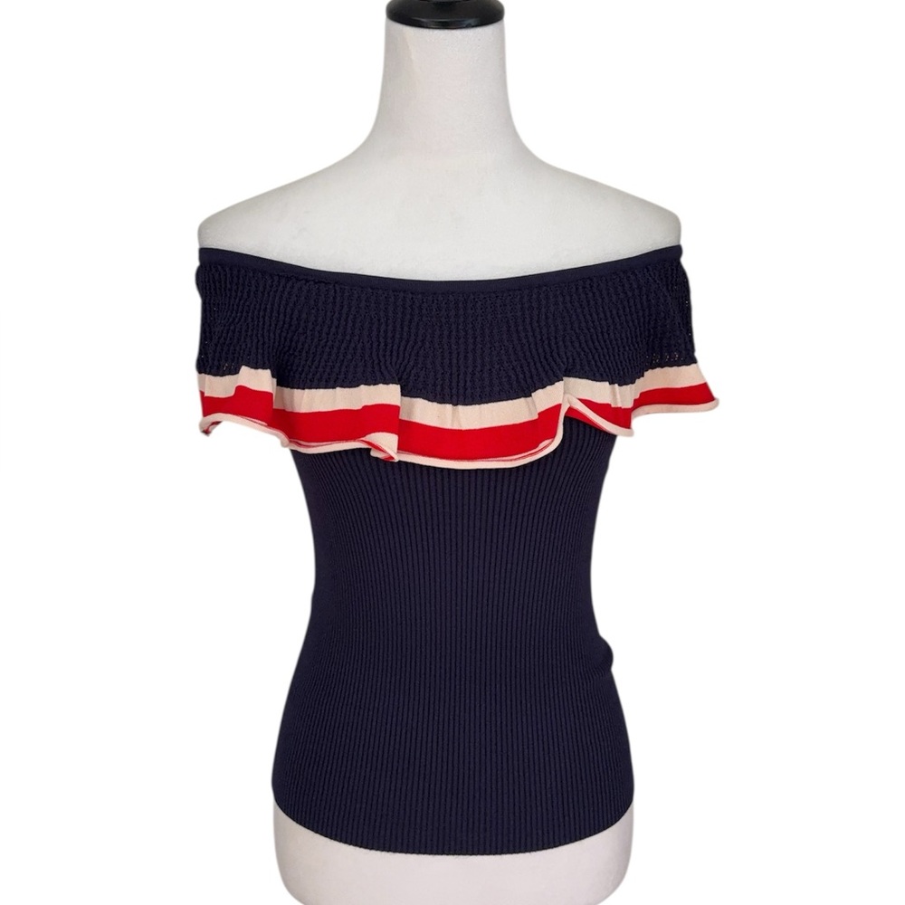 Off Shoulder Ribbed Knit Top Navy Red Cream Stretchy Y2K Style
